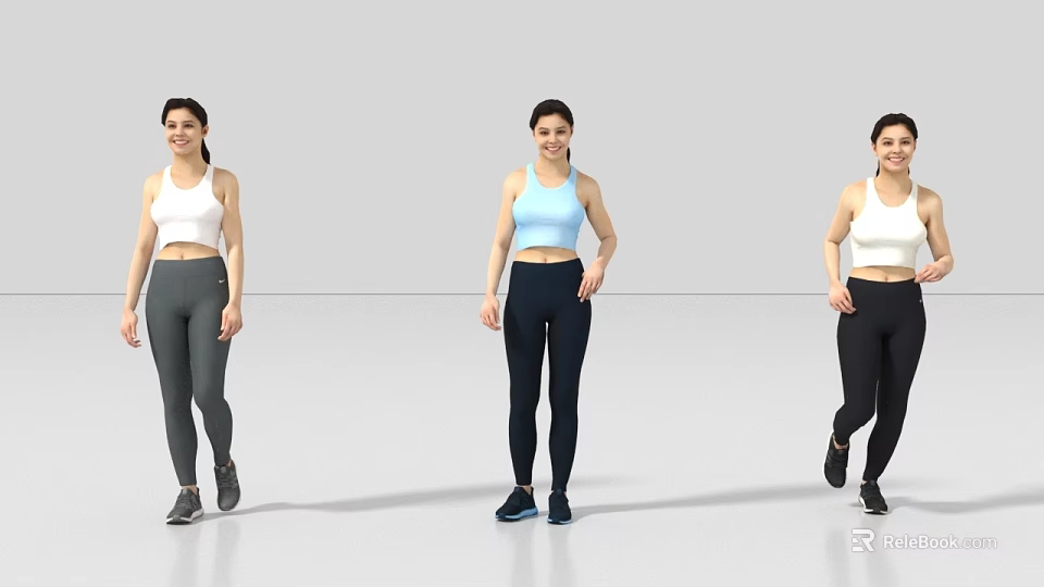 Three Women Wearing Sports Bras Tight Pants And Sneakers In Active Poses 3d model 