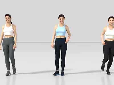Three Women Wearing Sports Bras Tight Pants And Sneakers In Active Poses 3d model