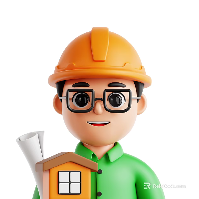 Man Wearing Orange Hard Hat And Green Shirt Holding Blueprints With Small House Model 3d model 