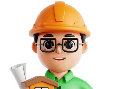 Man Wearing Orange Hard Hat And Green Shirt Holding Blueprints With Small House Model 3d model