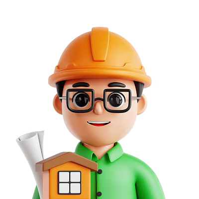 Man Wearing Orange Hard Hat And Green Shirt Holding Blueprints With Small House Model 3d model