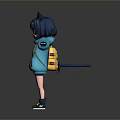 Short Hair Cat Ear Game Anime Character With Blue Hoodie Backpack Arms Outstretched