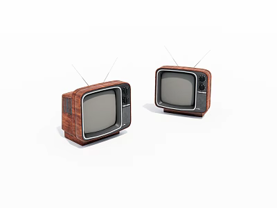 Two Vintage Televisions with Wooden Cases and Antennas on White Background 3d model