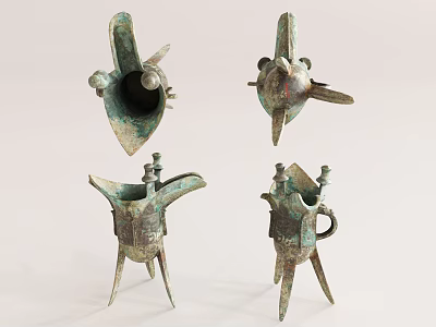 Ancient Bronze Wine Vessels with Three Legs Handle and Traditional Design Antique Ceremonial Artifacts 3d model