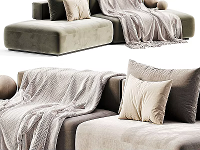 Cozy Sectional Sofa with Soft Pillows and Warm Throw Blanket in Modern Living Room Interior 3d model