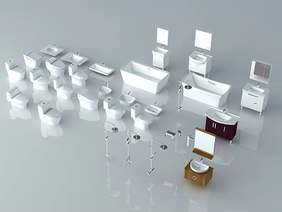 Complete Modern Bathroom Suite Including Toilets Sinks Bathtubs Cabinets Mirrors And Faucets 3d model