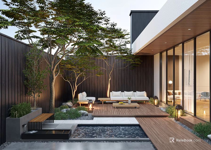 Modern Courtyard Garden With Wooden Deck Sofa Trees And Water Feature 3d model 