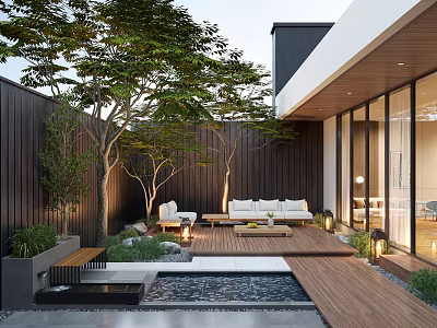 Modern Courtyard Garden With Wooden Deck Sofa Trees And Water Feature 3d model