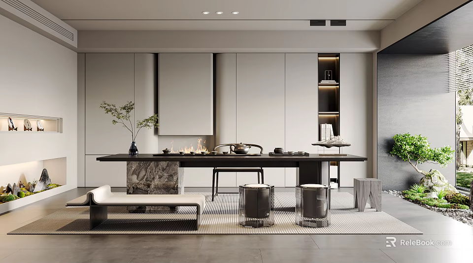 Modern Minimalist Tea Room Interior With Table Stools Cabinets And Plants 3d model 