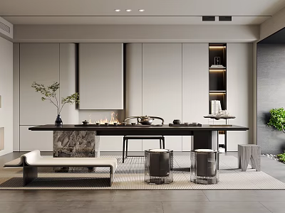 Modern Minimalist Tea Room Interior With Table Stools Cabinets And Plants 3d model