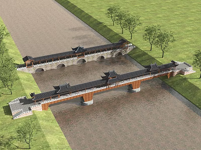 Scenic Traditional Roofed Bridges Over Water With Stone Arches And Green Trees 3d model