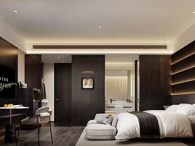 Modern Hotel Guest Room With Dark Wood Paneling Ambient Lighting White Bedding And Stylish Bench 3d model