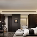 Modern Hotel Guest Room With Dark Wood Paneling Ambient Lighting White Bedding And Stylish Bench