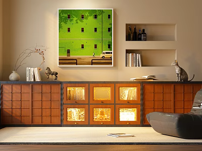 Wooden Decorative Cabinet With Glass Doors Illuminated Shelves Green Painting Books And Cat 3d model