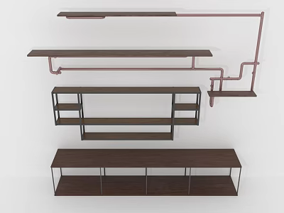 Modern Wooden Storage Furniture With Wall Mounted Shelves And Metal Frame Designs 3d model