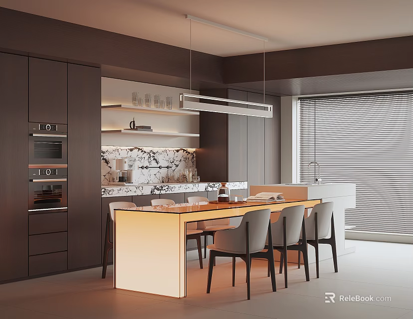 Modern Kitchen Dining Area Featuring Dark Cabinets Light Island Pendant Light And Gray Chairs 3d model 