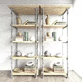Industrial Wooden Shelf Unit With Metal Frame Vases Books Bowls And Decorative Items