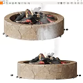 Cracked Stone Fire Pit Two Views With Burning Logs And Smoke
