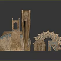 Cartoon Scene Featuring Fantasy Buildings Tall Tower Arch And Copper Blue Decorations