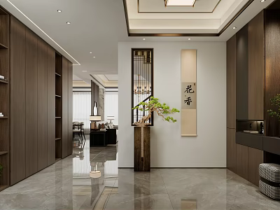 Modern Dining and Living Room Interior With Wooden Cabinets Marble Flooring and Green Plant 3d model