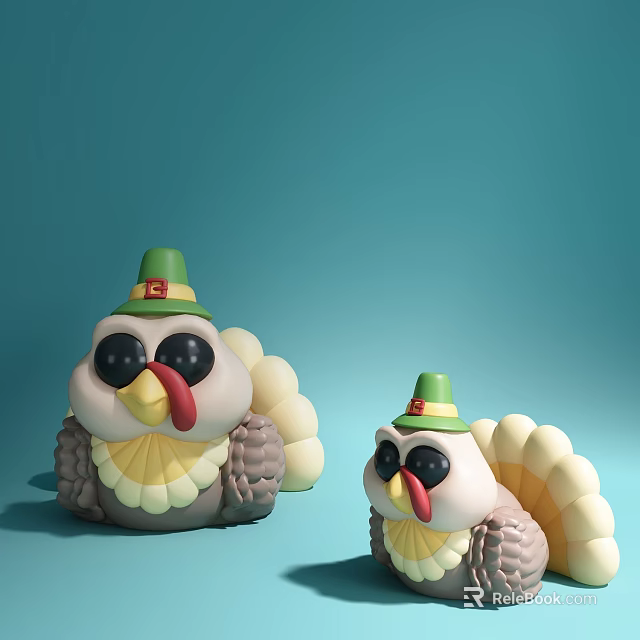 Cute Turkey Dolls Wearing Green Hats With White Feathers Yellow Beaks And Black Eyes 3d model 