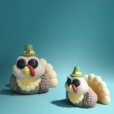 Cute Turkey Dolls Wearing Green Hats With White Feathers Yellow Beaks And Black Eyes 3d model