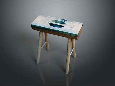Rustic Wooden Stool With Square Seat Featuring Carved Open Bowl And Four Legs Design 3d model
