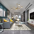 Modern Living Room Interior Design With Gray Sofa Yellow Pillows And City View