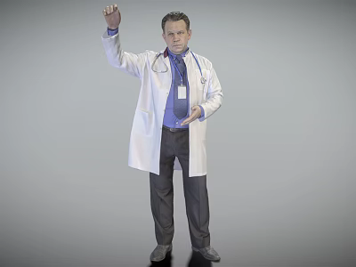 Male Doctor In White Coat With Stethoscope And ID Badge Raising Hand Against Gray Background 3d model