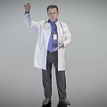 Male Doctor In White Coat With Stethoscope And ID Badge Raising Hand Against Gray Background