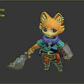 Cute Orange Fox Game Character In Blue Outfit With Sword And Bucket