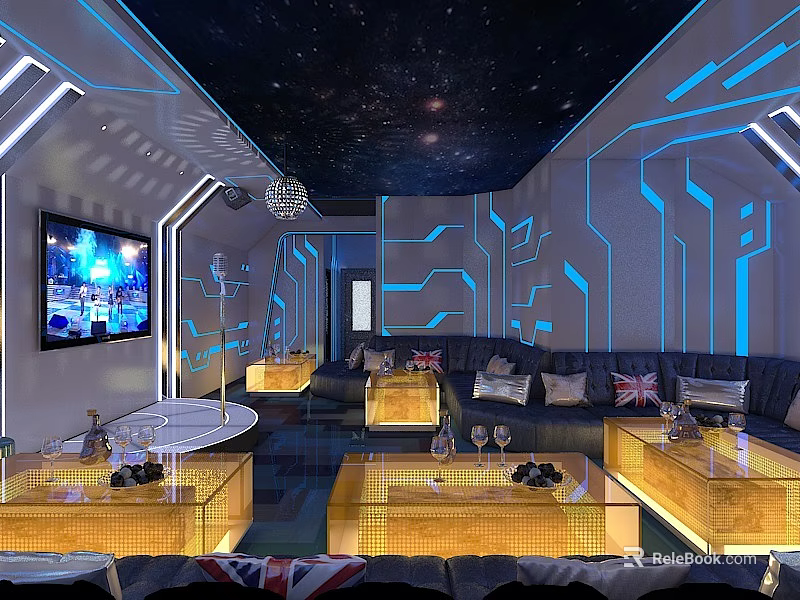 Modern KTV Room Interior With Starry Sky Ceiling Blue Lighting And Comfortable Sofas 3d model