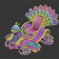 Peacock Shaped Decorative Throne With Pink Blue Purple Feathers Gemstones And Golden Details