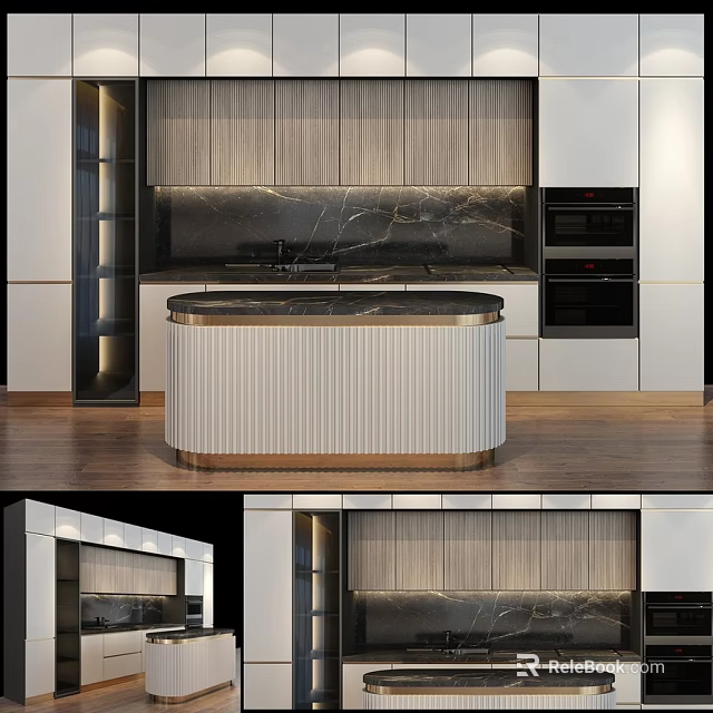 Elegant Modern Kitchen Interior With Wooden Cabinets And Marble Island 3d model 