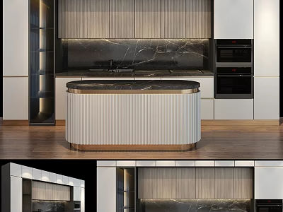 Elegant Modern Kitchen Interior With Wooden Cabinets And Marble Island 3d model
