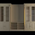 Dark Brown And Light Colored TV Cabinet With Glass Doors Open Shelves And Gold Accents