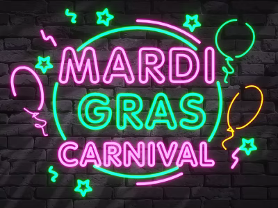 Mardi Gras Carnival Neon Decorative Lights with Stars Balloons and Brick Wall Background 3d model