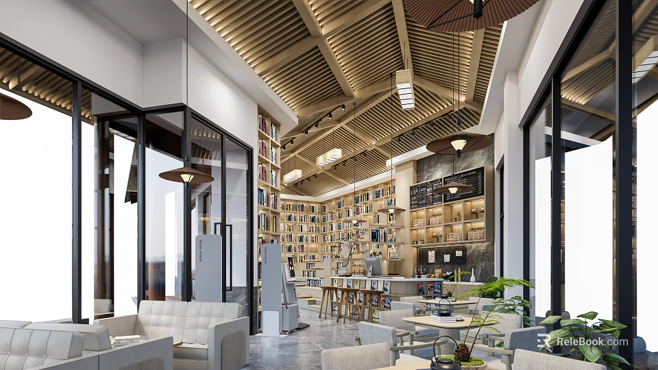 Artistic Book Art Library Interior With Shelves And Creative Design Elements 3d model 