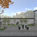 Detached Villa With Chinese Style Roof Glass Curtain Wall Stone Paved Courtyard And Potted Plants