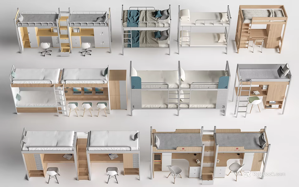 Modern Functional Bunk Beds With Study Desks Storage Cabinets And Ladder Designs 3d model