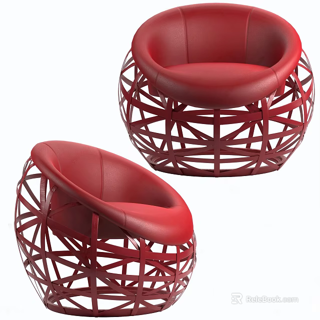 Red Lazy Sofa With Intricate Woven Frame And Soft Leather Cushion 3d model 