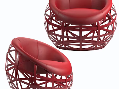 Red Lazy Sofa With Intricate Woven Frame And Soft Leather Cushion 3d model