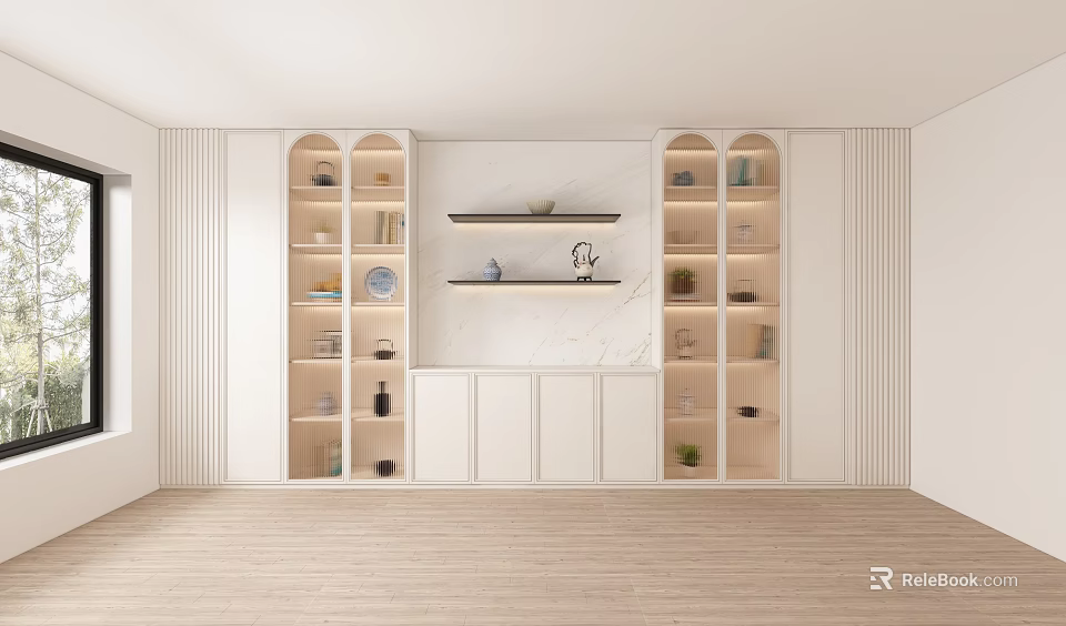 Modern Minimalist Decorative Cabinet With Symmetrical Display Shelves And Decor Items 3d model 