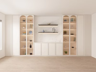 Modern Minimalist Decorative Cabinet With Symmetrical Display Shelves And Decor Items 3d model
