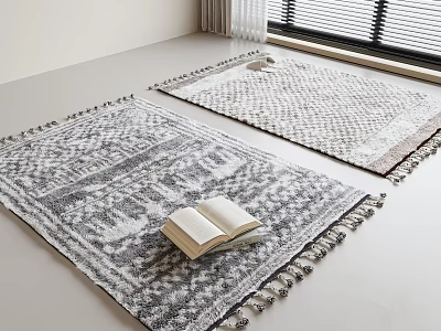 Neutral Toned Square Carpet With Geometric Pattern Tassels In Modern Interior And Open Book 3d model