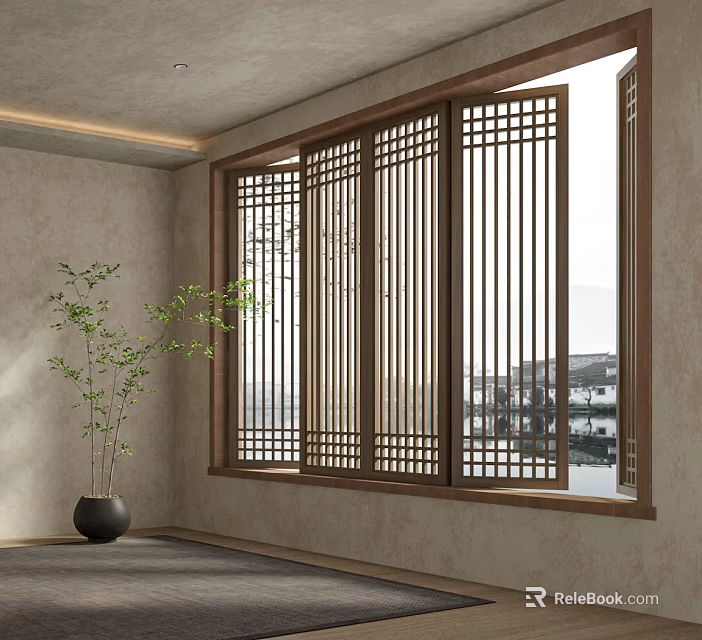 Traditional Wooden Carved Lattice Window in Elegant Interior with Green Plant and Water View 3d model 