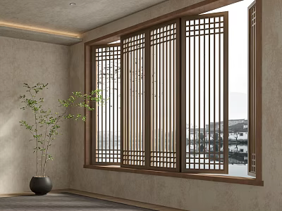 Traditional Wooden Carved Lattice Window in Elegant Interior with Green Plant and Water View 3d model