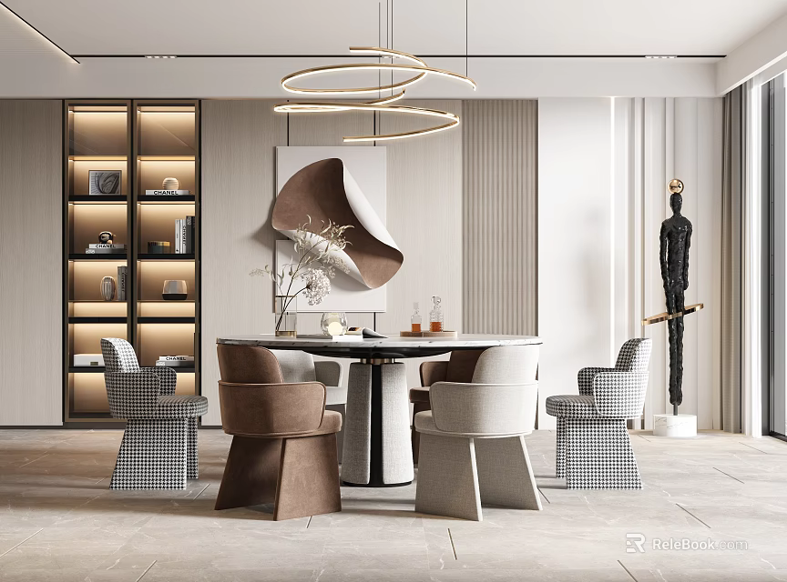Modern Restaurant Interior Featuring Round Dining Table Chairs Circular Pendant Lights And Decorative Sculpture 3d model 