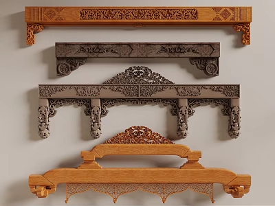 Intricately Carved Wooden And Stone Architectural Components With Ornate Traditional Patterns 3d model