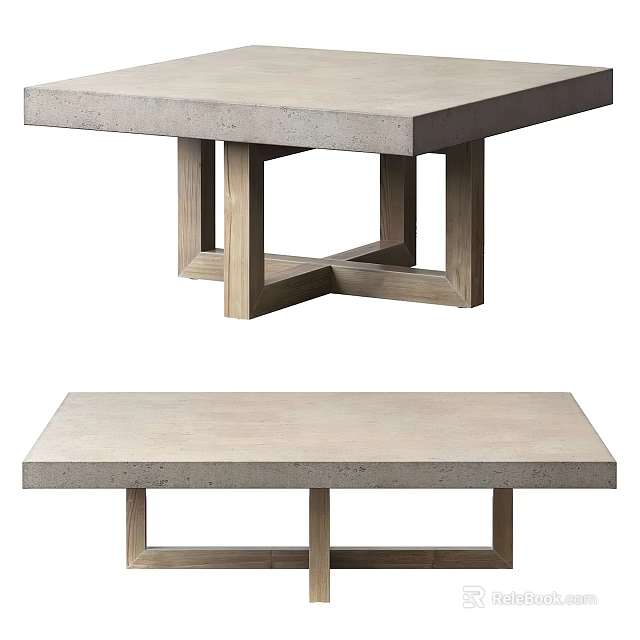 Modern Coffee Table With Wooden Cross Legs And Concrete Top Design 3d model 